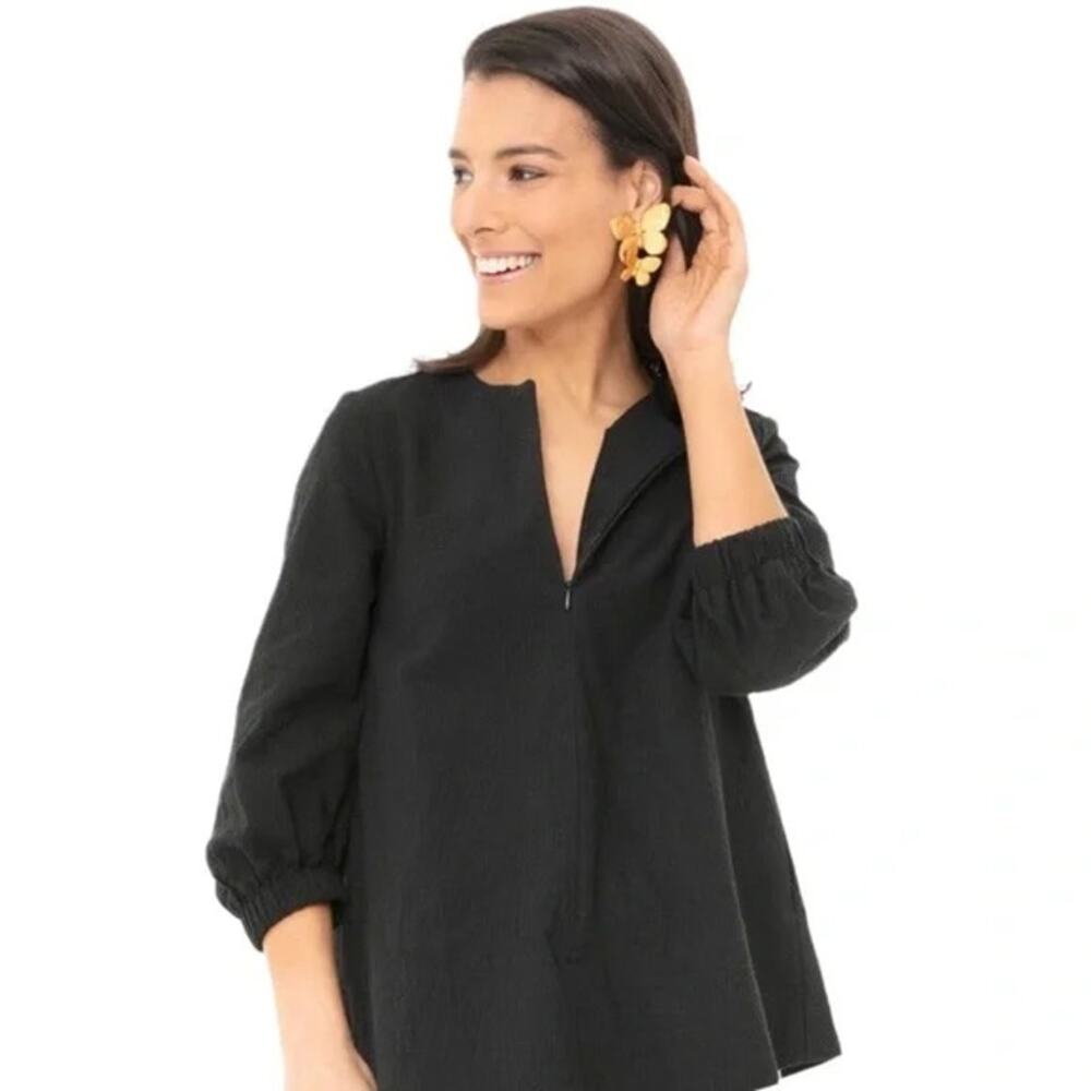Pomander Place Kieran Seersucker Popover Top Black Bubble Sleeve Zip Neck SZ M